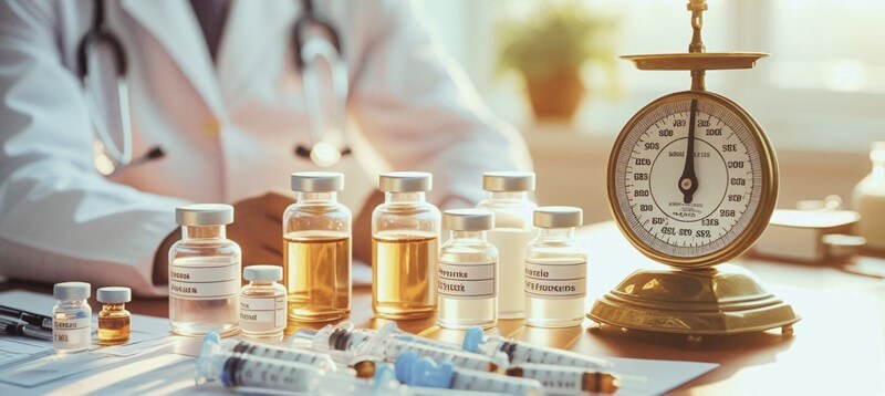 医師の机の上。様々なサイズの薬瓶、複数の注射器、そしてアンティーク調の秤が置かれており、医療や健康診断をイメージさせる。