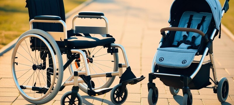 公園の遊歩道のような場所に、車椅子とベビーカーが並んでいる。介護や育児といったライフイベントのサポートを象徴している。