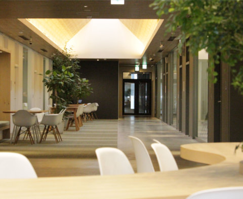 高い天井と観葉植物が配置された、奥行きのあるモダンなミーティングエリア。