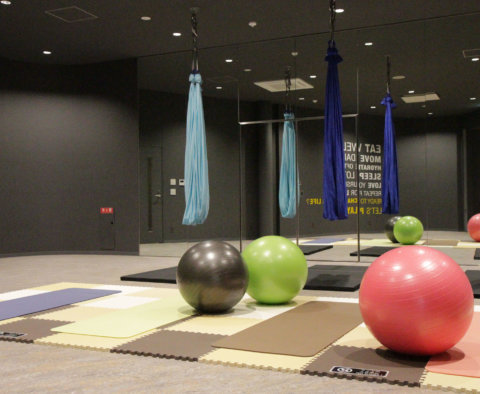 リフレッシュ用のフィットネスルーム。バランスボールやヨガマットが並ぶ。