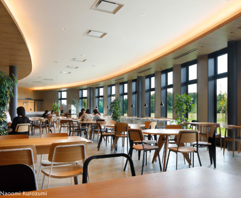 緩やかな曲線を描く窓際に沿って席が並ぶ、広々とした社員食堂・カフェテリア。